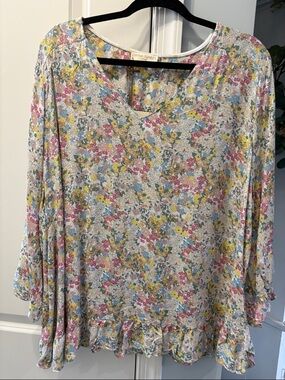 Cynthia Rowley Floral V-Neck Long Sleeve Top in Yellow, Pink & Blue